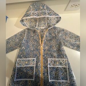 TAHARI GIRL BLUE & YELLOW FLORAL PRINT HOODED RAINCOAT. SIZE 4. LIKE BRAND NEW.